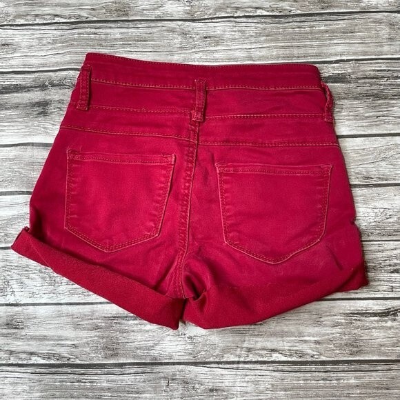 NoBo Mid Rise Skinny Cutoff Cut Off Cuffed Jean Shorts Deep Dark Red 1 Buttons - Picture 2 of 9